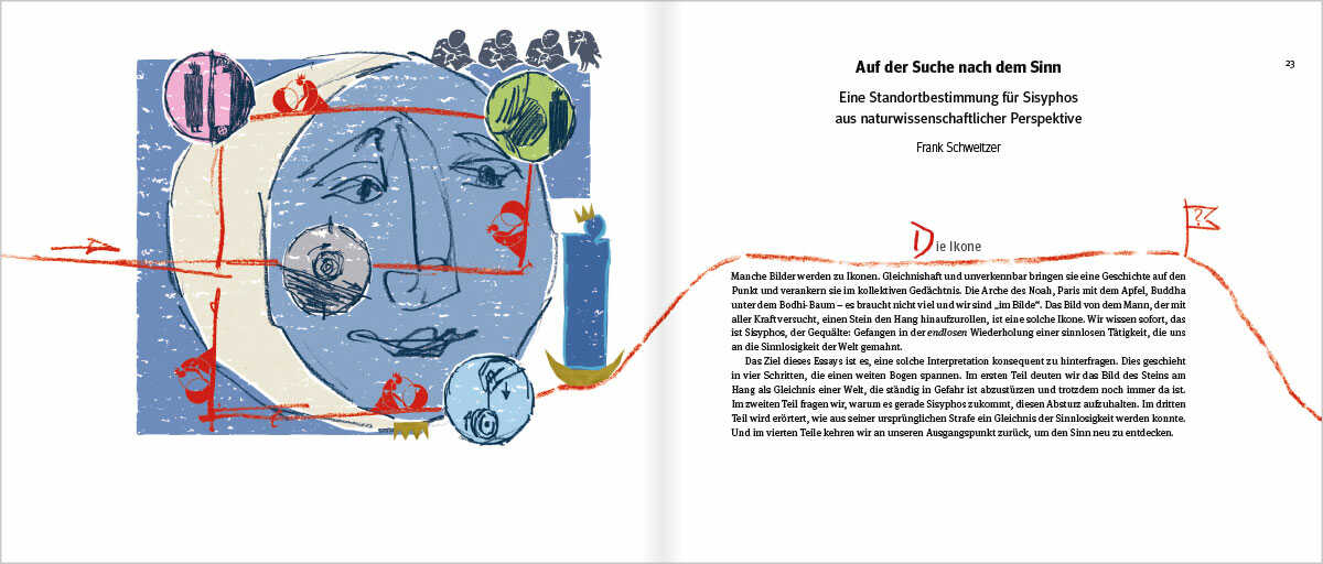 Buch Sisyphos | Auf der Suche nach dem Sinn, Seite 22 und 23 mit Illustration