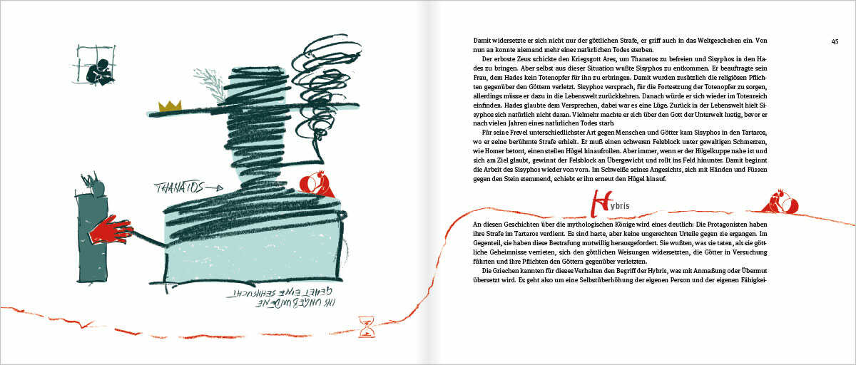 Buch Sisyphos | Auf der Suche nach dem Sinn, Seite 44 und 45 mit Illustration