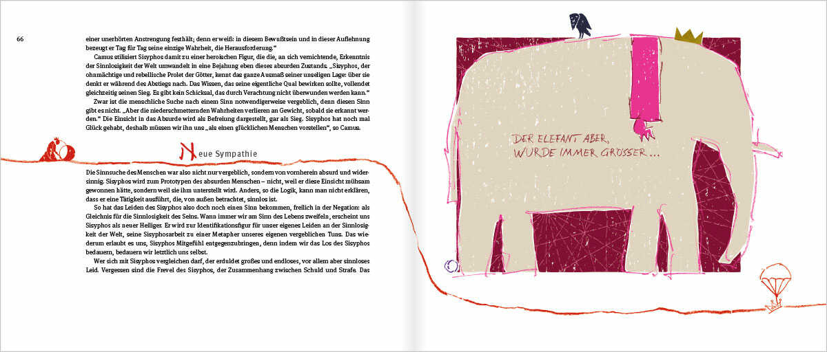 Buch Sisyphos | Auf der Suche nach dem Sinn, Seite 66 und 67 mit Illustration